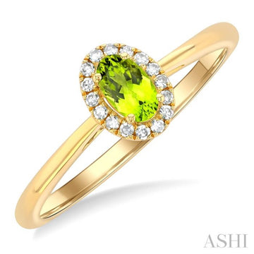 5x3 MM Oval Shape Peridot and 1/20 Ctw Single Cut Diamond Halo Semi-Precious Ring in 10K Yellow Gold